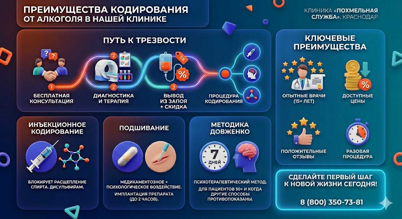 Инфографика о методах кодирования от алкоголя в Галиче: инъекции, подшивание, метод Довженко. Преимущества клиники и этапы лечения.