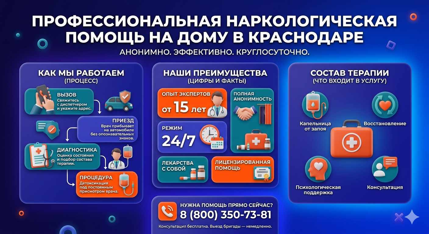 Инфографика о принципах лечения алкоголизма на дому в Галиче: этапы вызова нарколога, преимущества анонимной детоксикации и состав медицинской помощи.